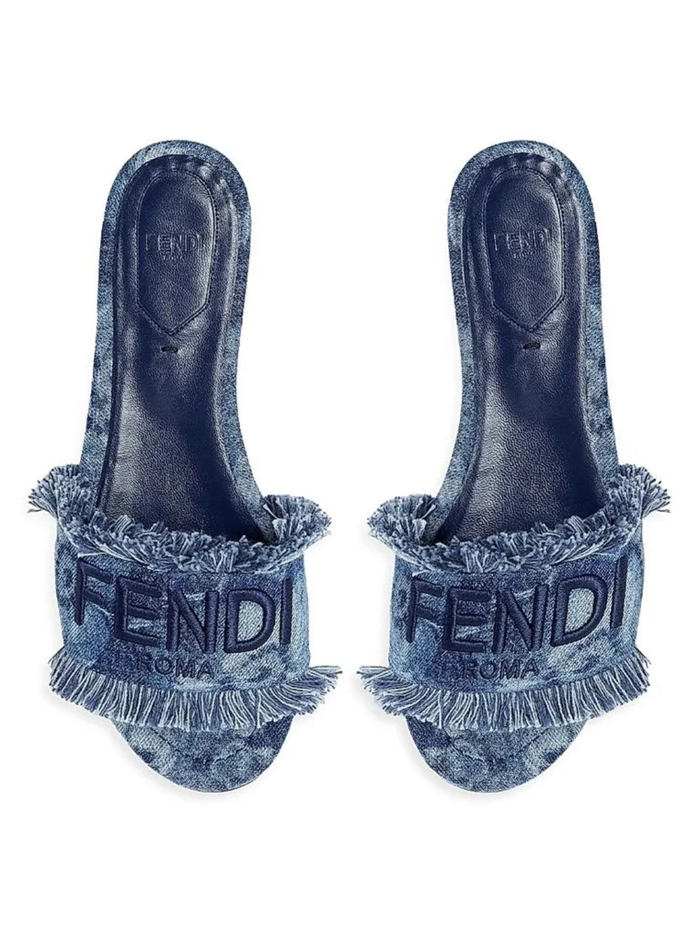 📣SOLD OUT! Fendi Blue Denim Fringe Logo Slide Mules - Picture 2 of 3
